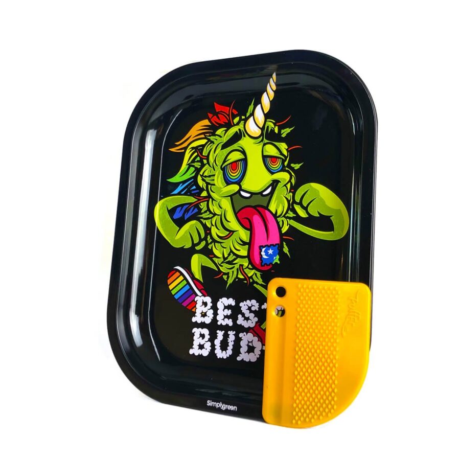 Best Buds LSD Small Metal Rolling Tray with Magnetic Grinder Card