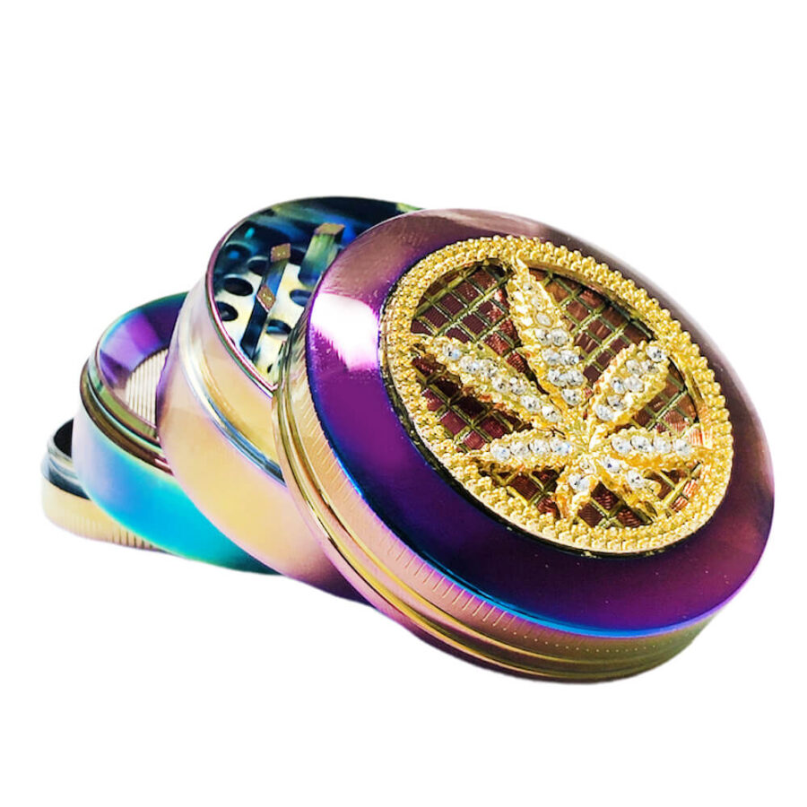 Rainbow Diamond Weed Leaf Metal Grinder 4 Parts - 50mm (6pcs/display)