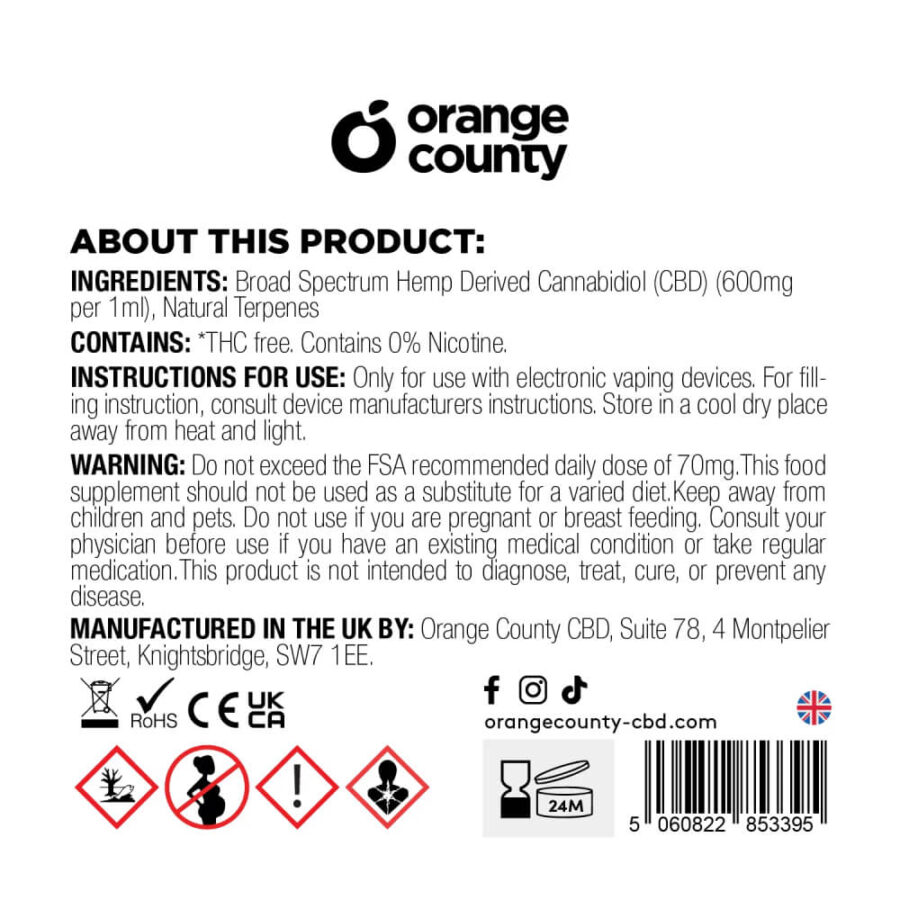 Orange County CBD 1ml Cali Disposables 600mg CBD Mango Haze (10pcs/display)