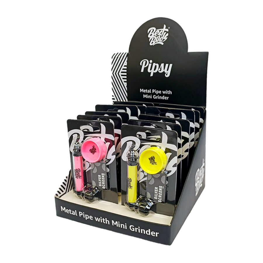 Best Buds Pipsy Metal Pipe with Mini Grinder Mix Colors (12pcs/display)