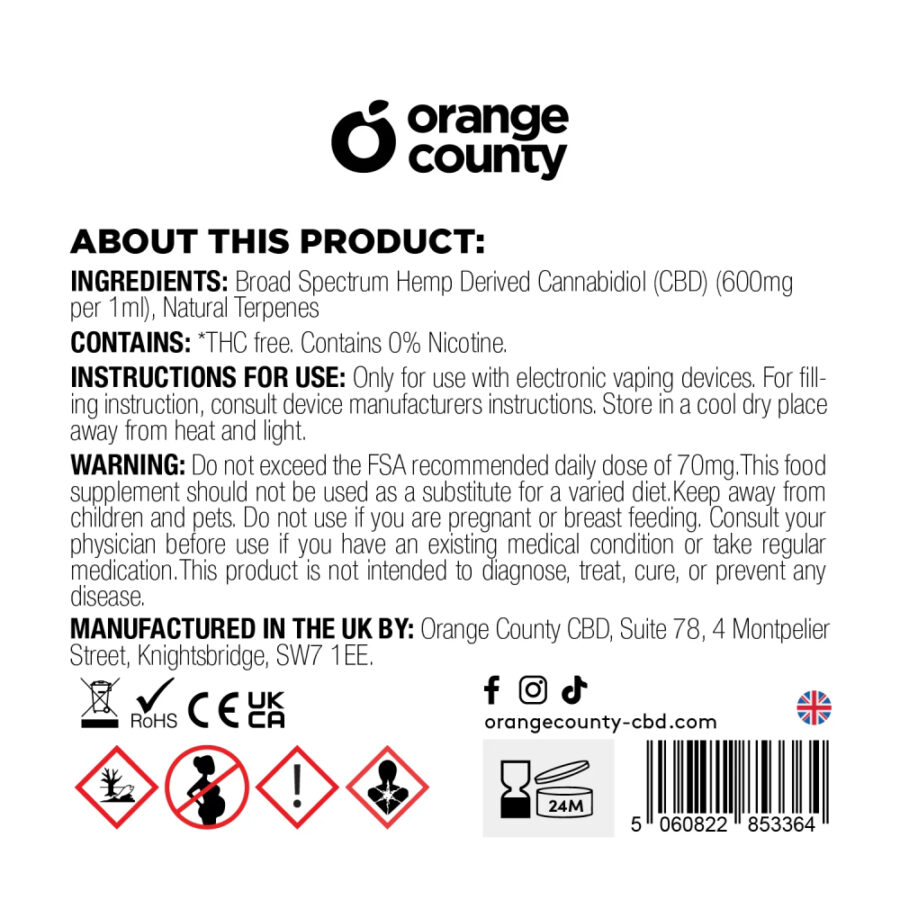 Orange County CBD 1ml Sigaretta Elettronica 600mg CBD Lemonade (10pezzi/display)