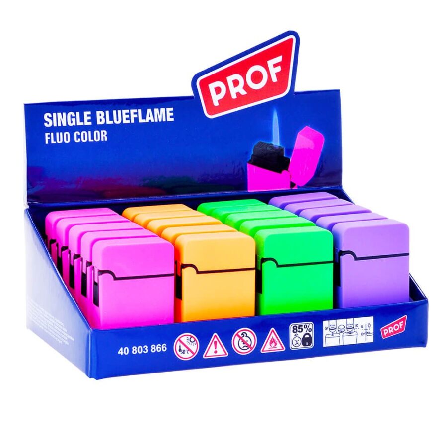 Prof Fluo Color Résistant au Vent Flame Bleue Briquets (20pcs/présentoir)