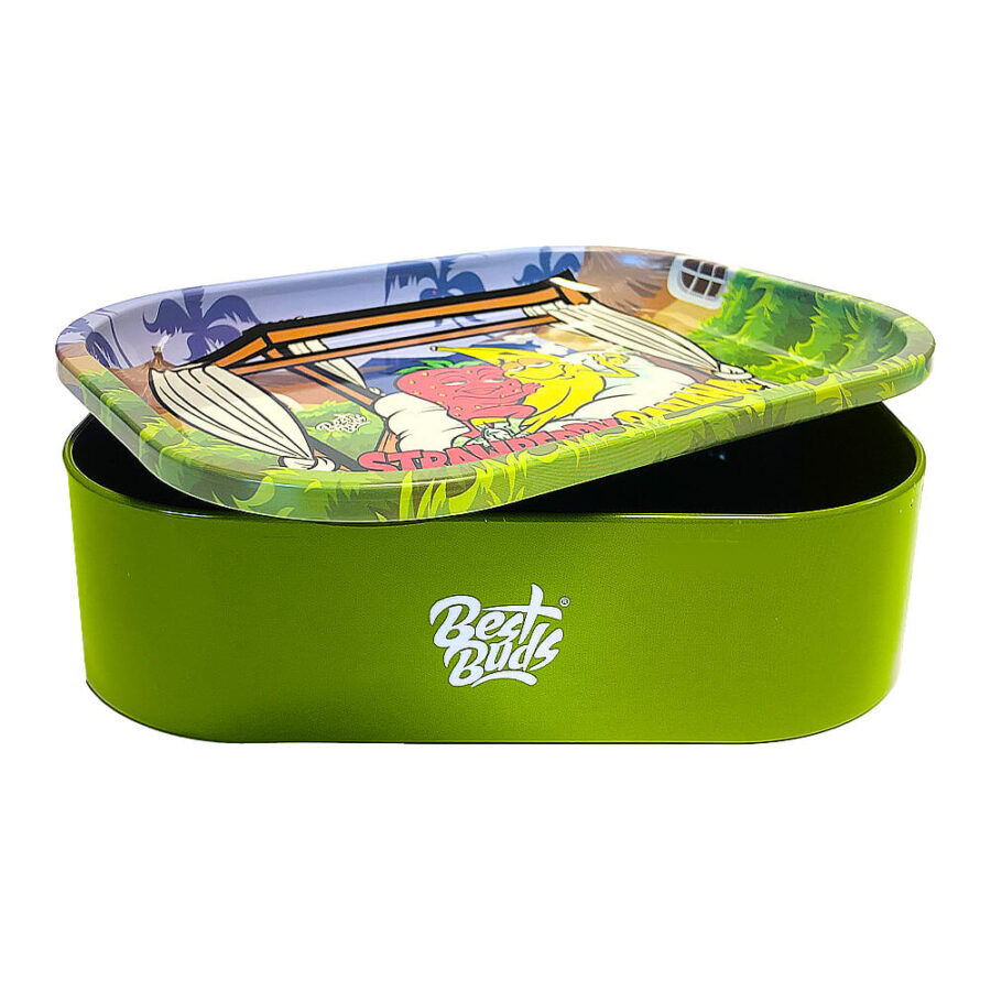 Best Buds Thin Box Rolling Tray with Storage Strawberry Banana