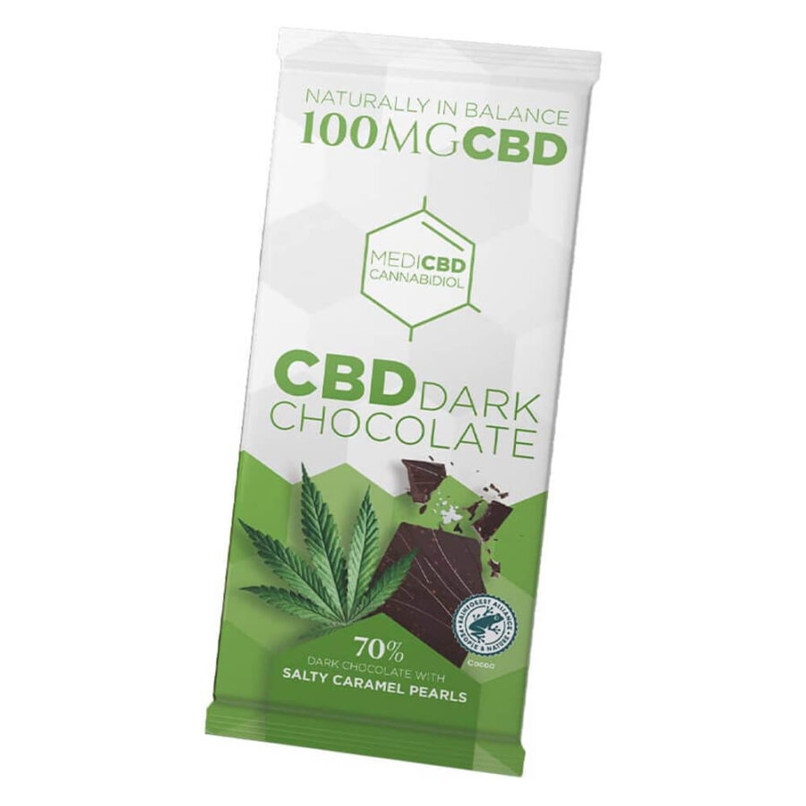 MediCBD Cannabis-Schokolade 70% dunkel, salzig, karamellig, 100mg CBD (15Stk/100g)