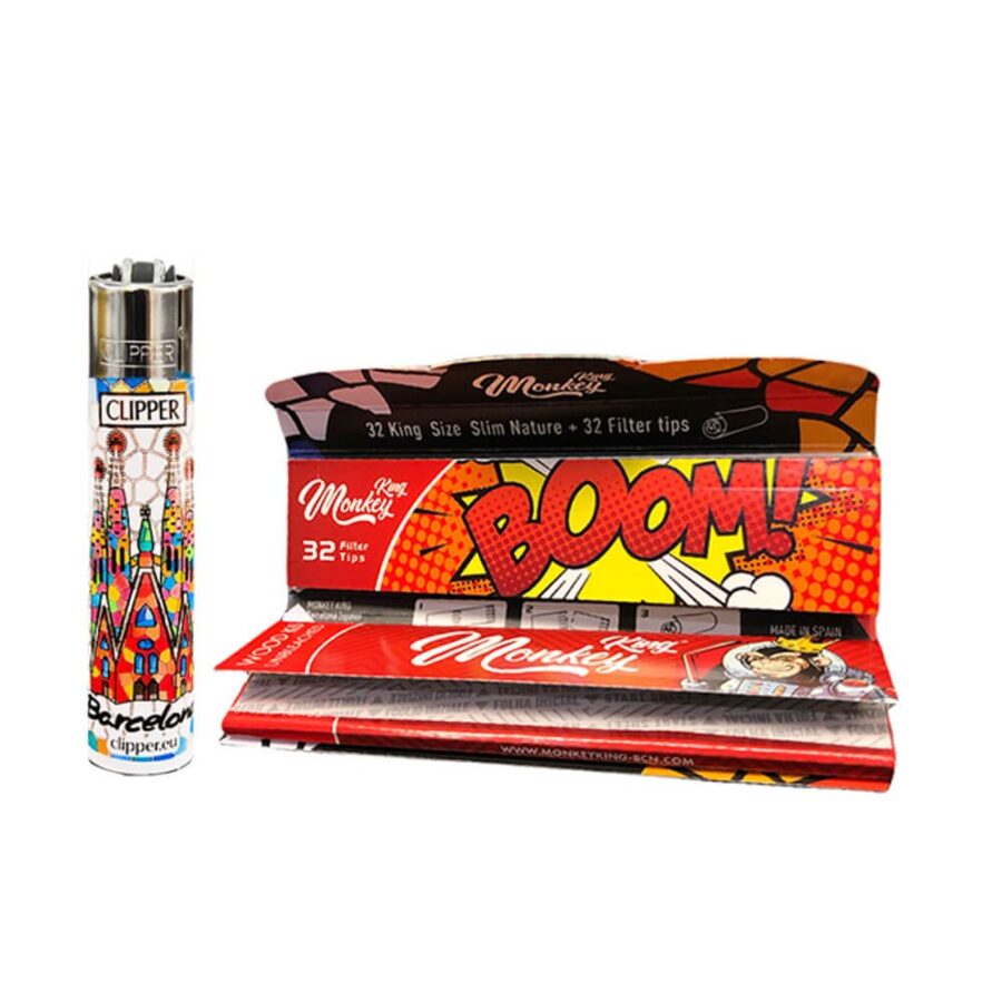 Monkey King KS Slim Papers + Clipper Feuerzeug Barcelona Edition (20stk/display)